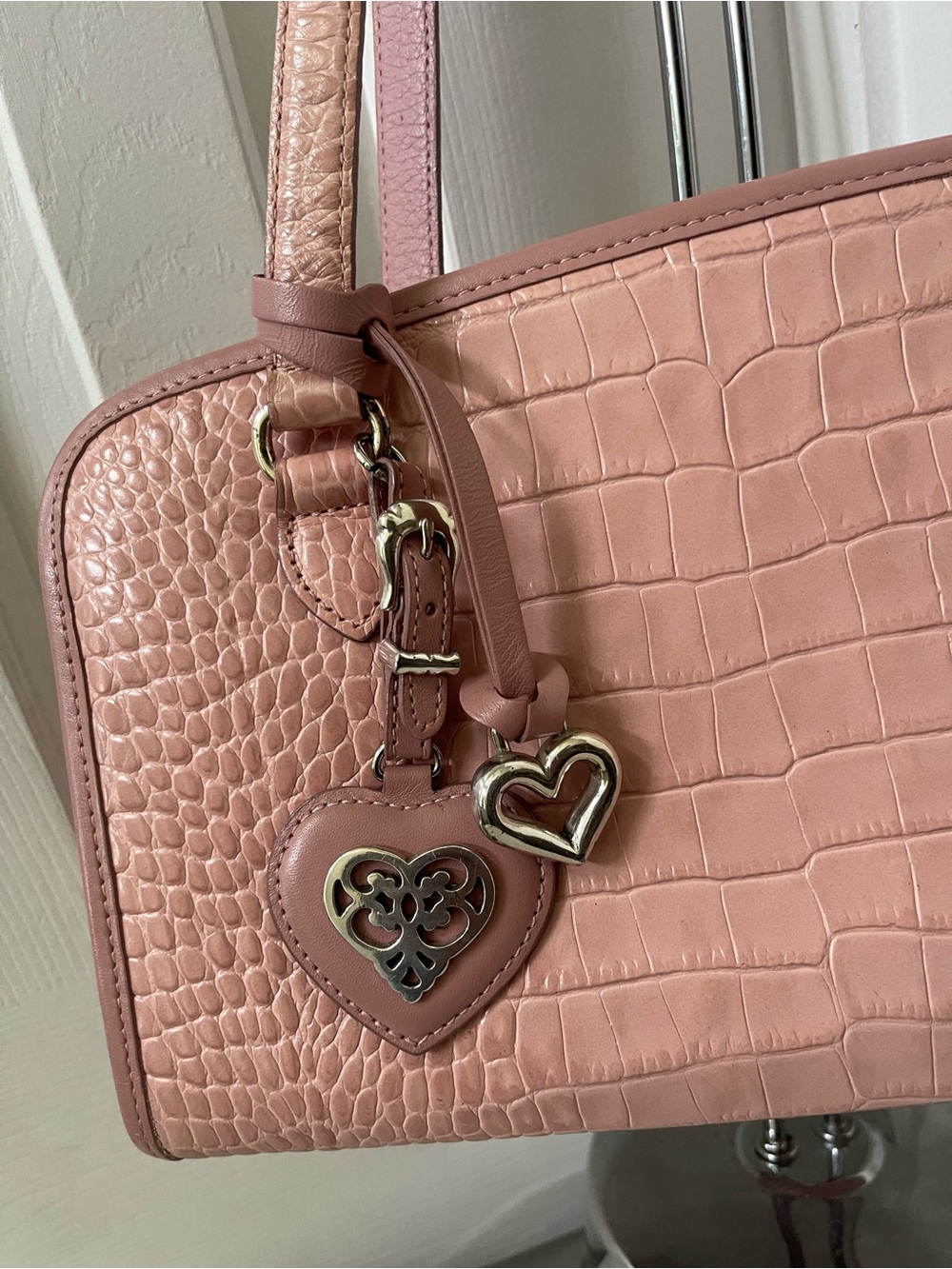 Brighton Pink Croc-Embossed Satchel with Heart Charms - Picture 3 of 11